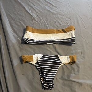 Striped Bandeau Bikini Set in Mustard, Black & White